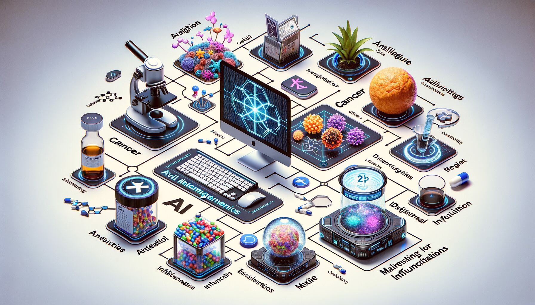 KDB Tech-Update 202404060503 Symbolische KI- und Medizin-Diagnose-Plattform auf einem Tisch: Therapie-Steuerung, Krebs-/Entzündungs-Icons und Sicherheits-/Zugriffsbarrieren.