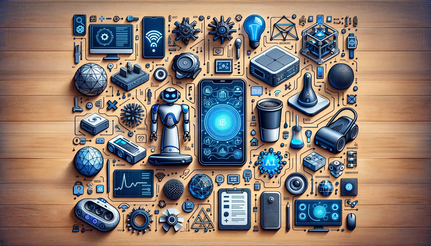 KDB Tech-Update 202404070506 Technologie-Collage: Smartphone, Roboter und KI-Symbole um eine KI-Darstellung, Daten, Energie-Module und einen Leck-Warnhinweis.