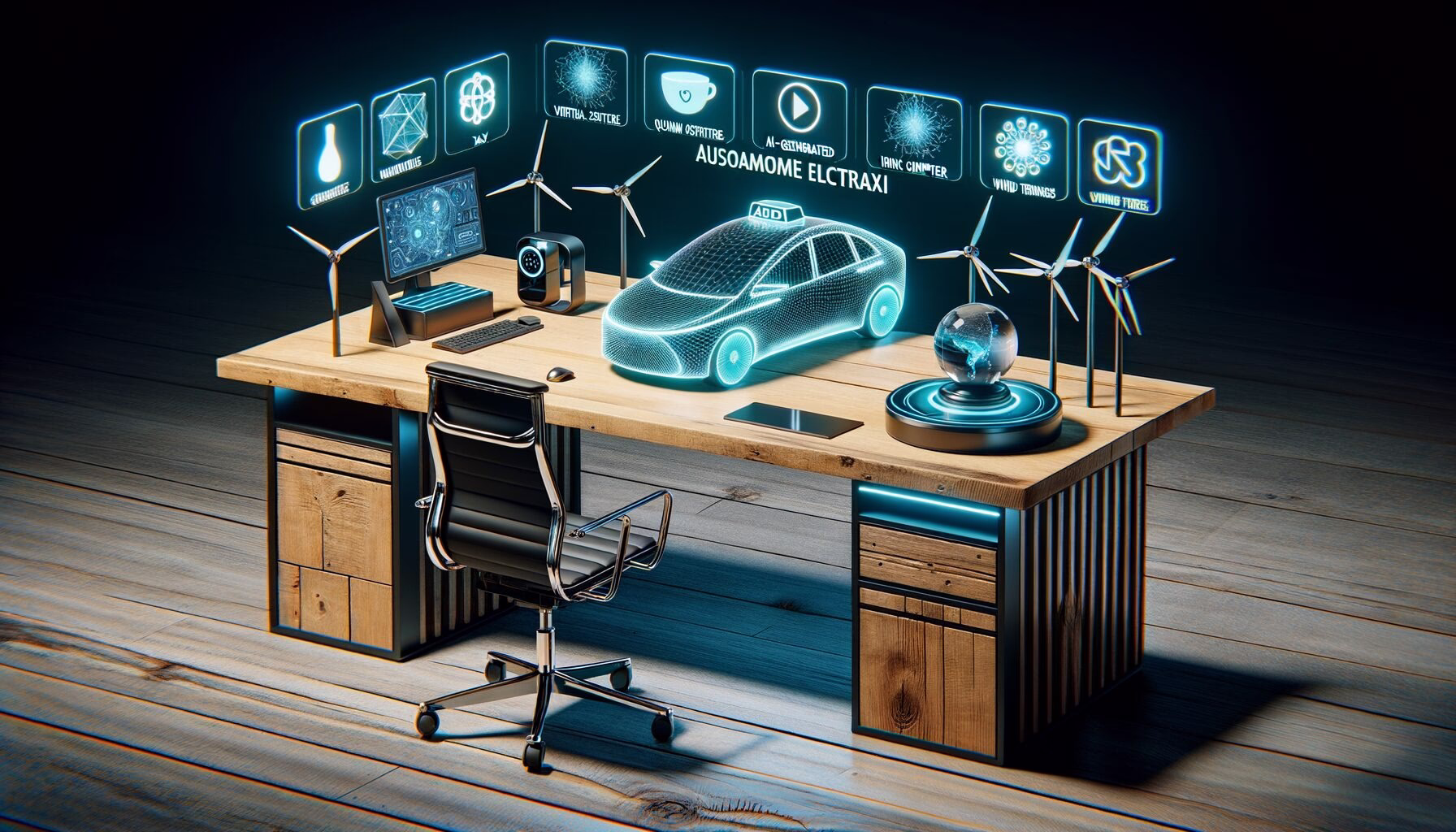KDB Tech-Update 202404080505 Modernes Desk-Setup mit Miniatur-Elektroauto, drehenden Windrädern, Holografik-Display und Computer-Elementen als Zukunftstechnologie-Visual.