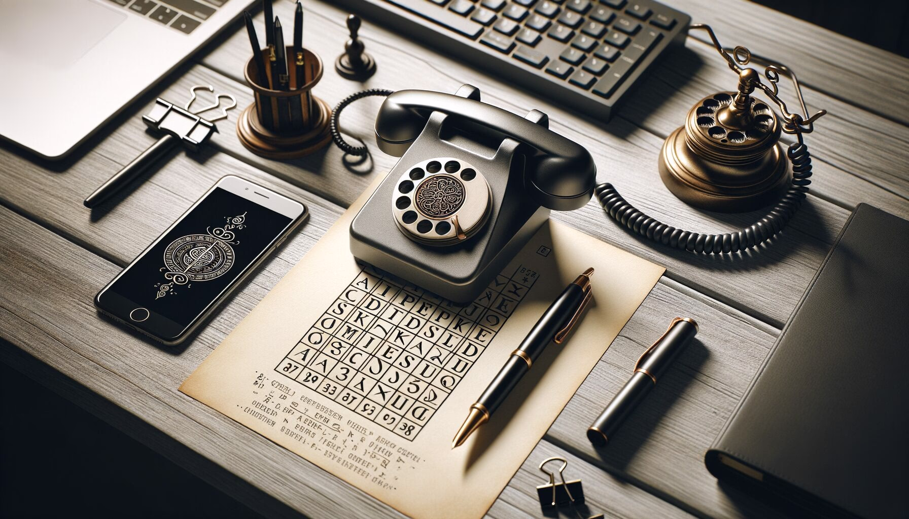 KDB Tech-Update 202404090504 Modernes Schreibtisch-Setup mit Telefon, Handy, Stift und Papier mit Codewort/Cipher-Layout als Hinweis auf Verschlüsselung.