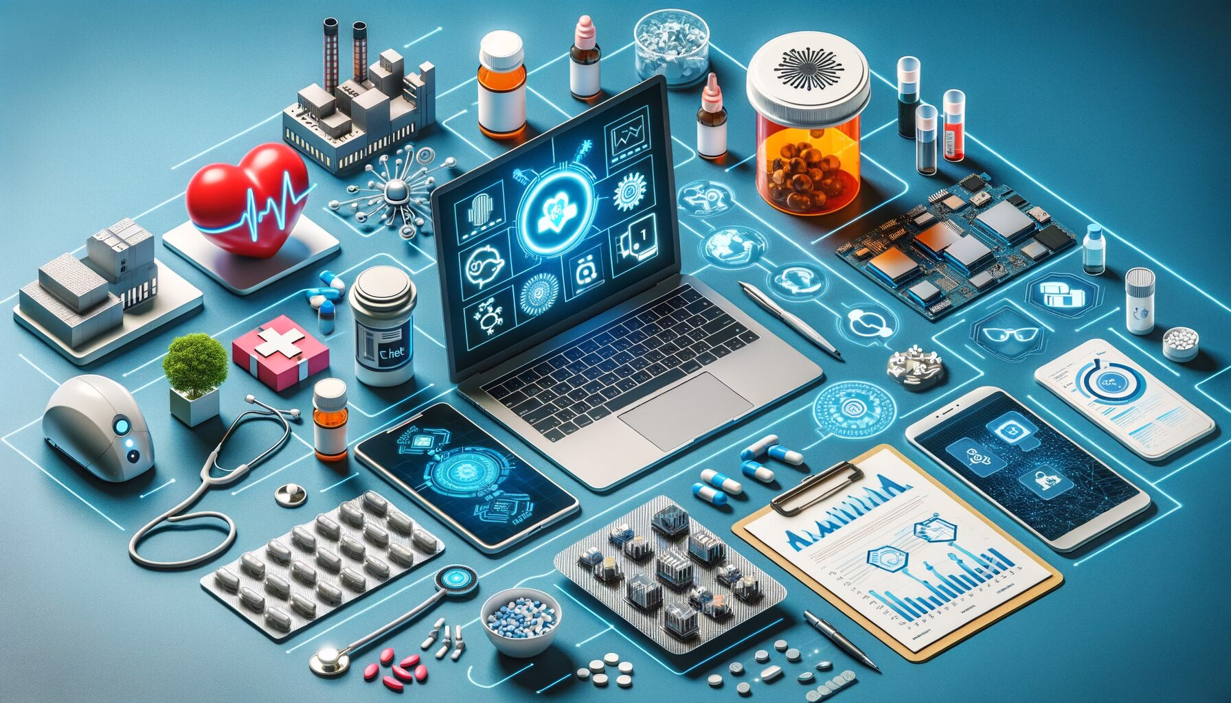 KDB Tech-Update 202404091505 Technik- und Gesundheits-Workflow: Laptop mit KI- und Diagramm-Anzeigen, Stethoskop- und Kreuzsymbole, Medizinfläschchen, Schaltkreis, Sensoren, Chartpapier.