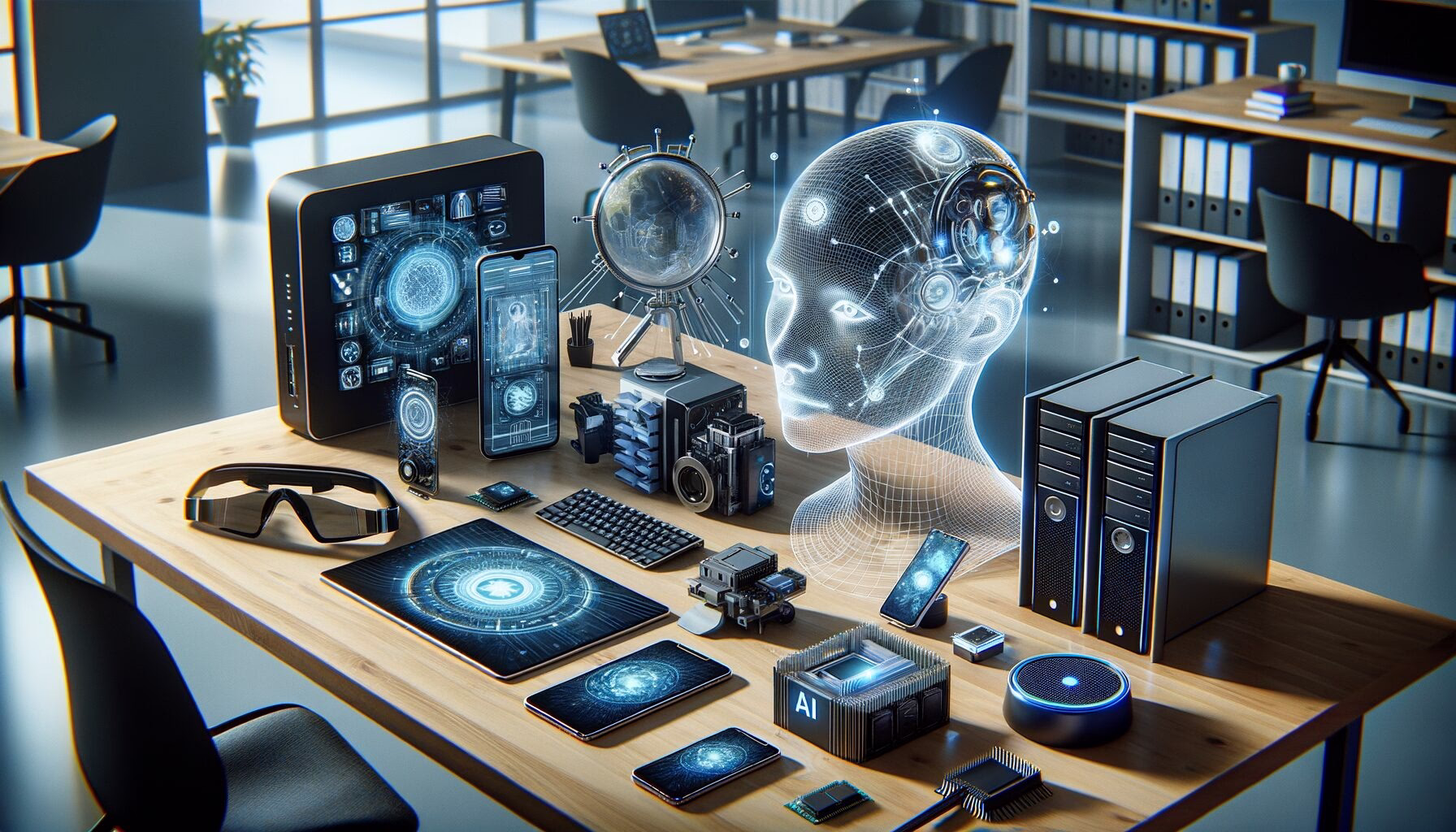 KDB Tech-Update 202404100501 Technologie-Desk mit transparentem Visier, KI-Geräten, Wearables und Serverkomponenten; Visualisierung für zukünftige KI-gestützte Workflows.