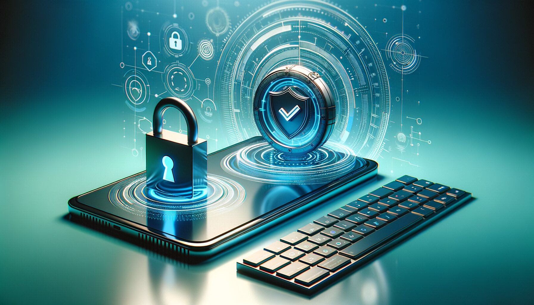 KDB Tech-Update 202404101508 Laptop mit geöffnetem Schloss-Symbol und zentralem Sicherheits-Emblem über einer futuristischen, blau-grünen Update-Glühgrafik, Schutz vor unbefugtem Zugriff.