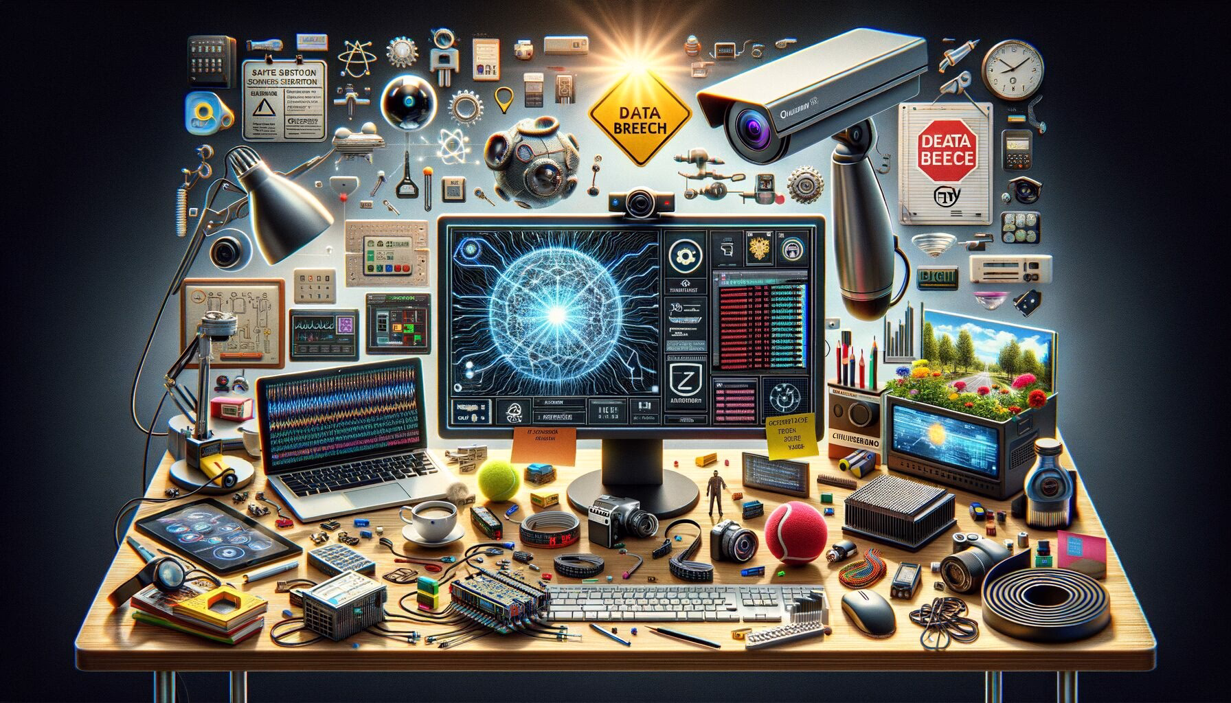 KDB Tech-Update 202404110506 Technischer Arbeitsplatz mit Monitoren, Daten-Breach-Warnsymbol, Sicherheitsupdate-Anzeige, KI- und Hardware-Komponenten, Sicherheits-/Zertifikats- und Verkehrsregel-Plakat.