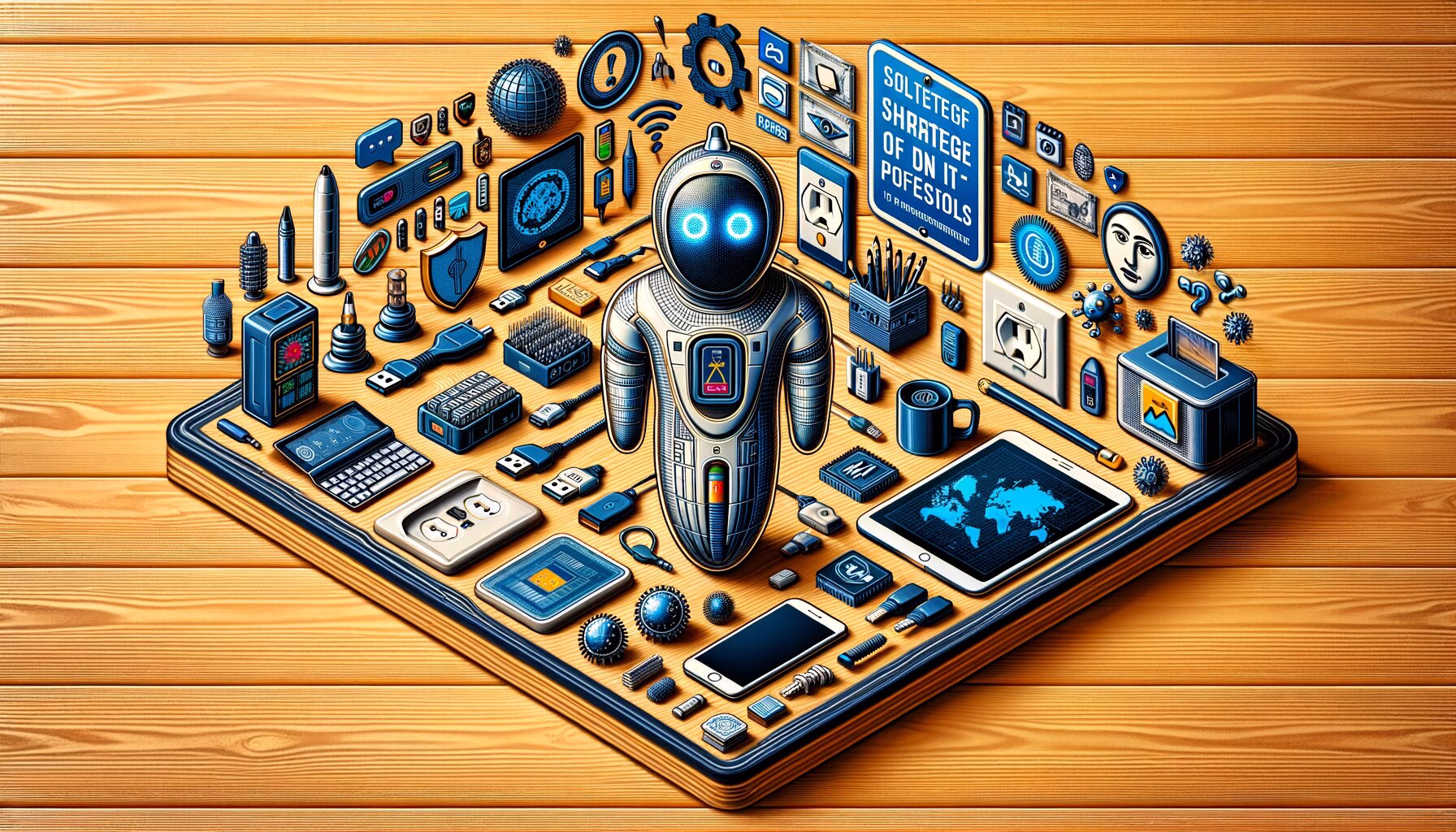 KDB Tech-Update 202404111506 Illustration einer Technik-Plattform: Smartphone, Tablet, USB- und Netzwerksymbole, KI-/Sicherheits-Icons sowie Malware- und Datenleck-Darstellungen um einen Roboter.