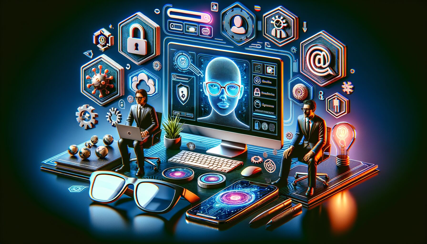 KDB Tech-Update 202404120506 Neonblaues IT-Szene: Computer mit Sicherheits- und Such-Interface, KI-Avatar, verschlüsselte Symbole, Expertenfiguren und Malware-Illustrationen.