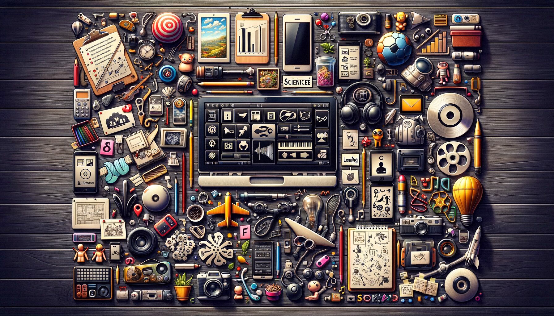 Illustration eines Computer-Arbeitsplatzes mit Smartphone, Symbolen für Musik, Lernen, Analyse, Unterhaltung und Technik-Tools, als multitematisches Konzept.