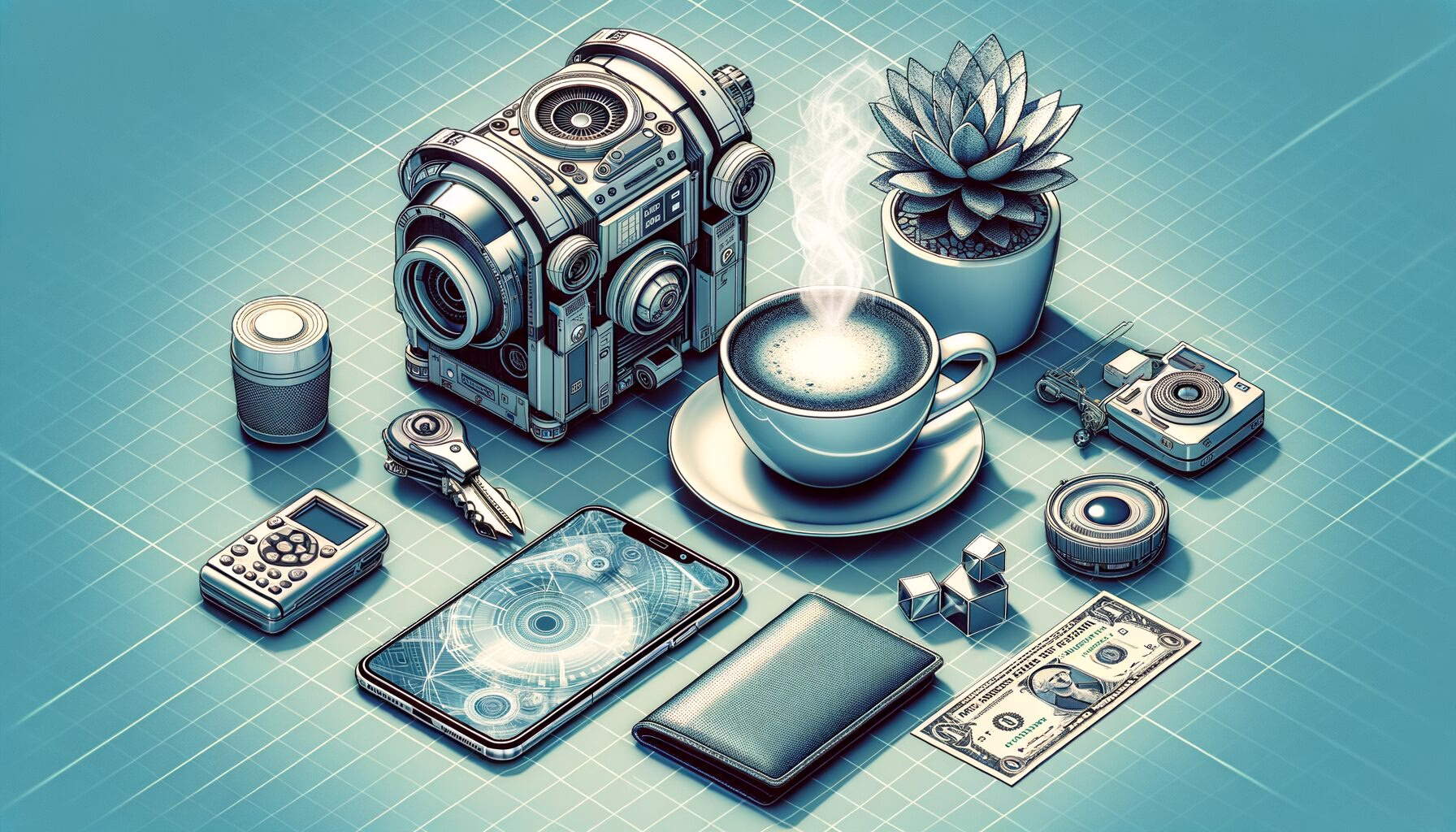 KDB Tech-Update 202404130505 Technik-Desk-Übersicht mit dampfender Tasse, Smartphone, Wallet, Kamera-/Funkgeräten und radiologieähnlichen Bilddaten, im modernen Layout.