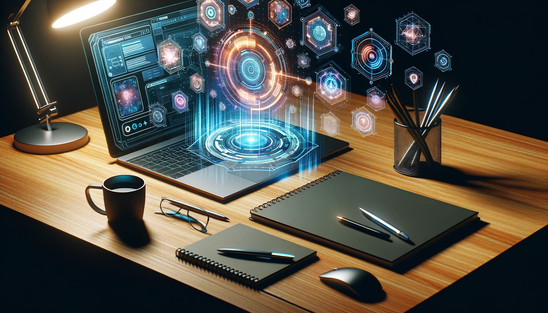 KDB Tech-Update 202404131501 Schreibtisch mit futuristischem Bildschirm: Chat-Interface und holografische Quellen-Elemente visualisieren digitale Kommunikation und Referenzen.