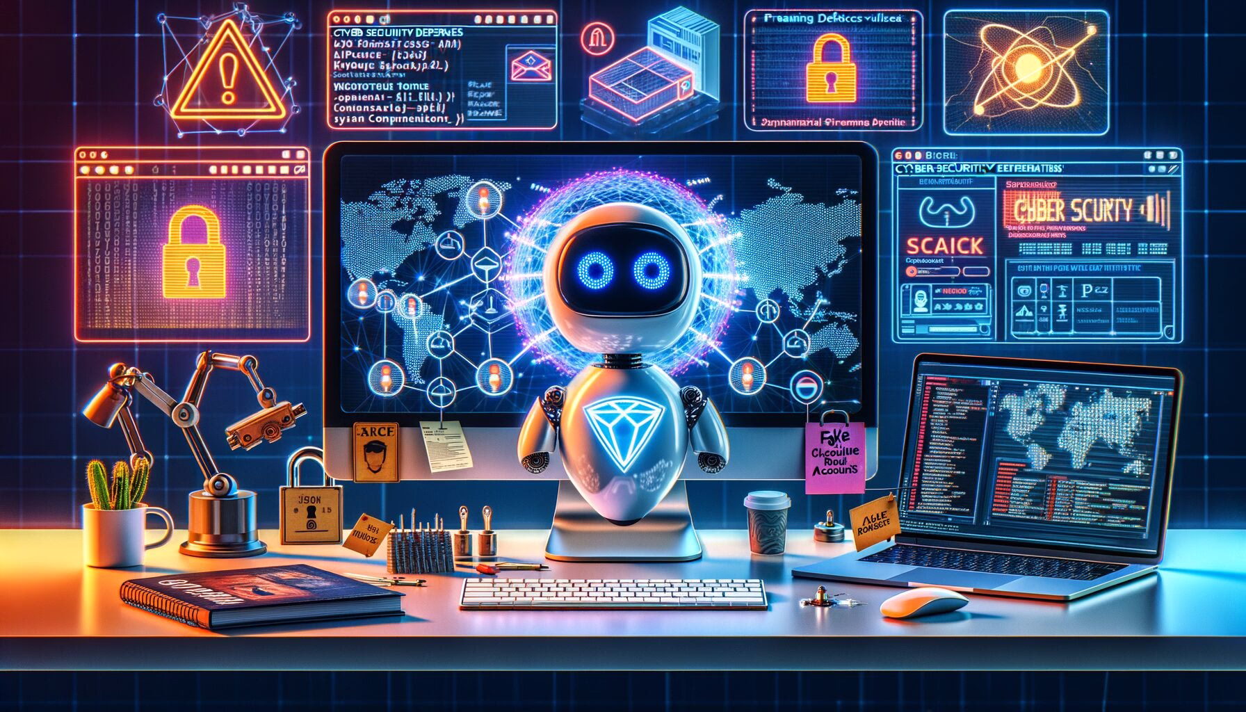 KDB Tech-Update 202404140505 Neonfarbener Technik-Desktop mit KI-Roboter, Schutzbarriere- und Sicherheitsanzeigen sowie Terminal und überwachender Weltkarte.