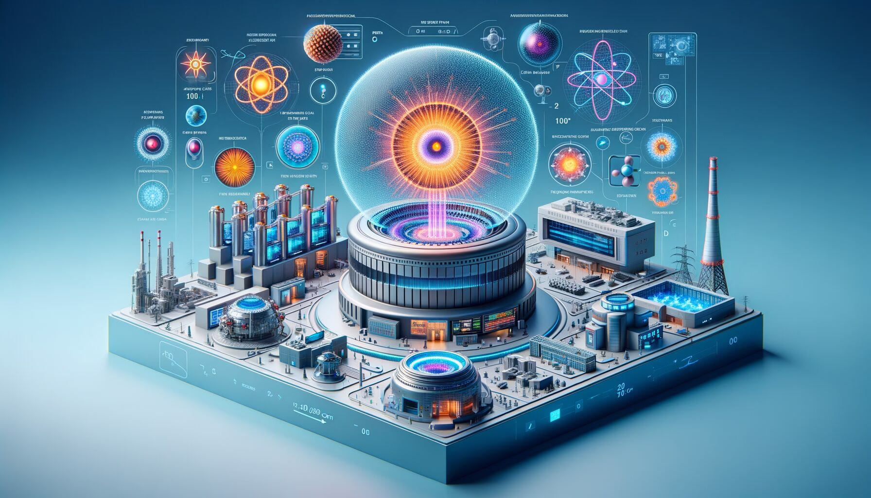 KDB Tech-Update 202404151504 Technik-Desk mit Fusionsreaktor-Modellen, Plasma-Visualisierung, Atom-Symbolen und Schaltplan-Overlays; soll Forschung und Energieerzeugung veranschaulichen.
