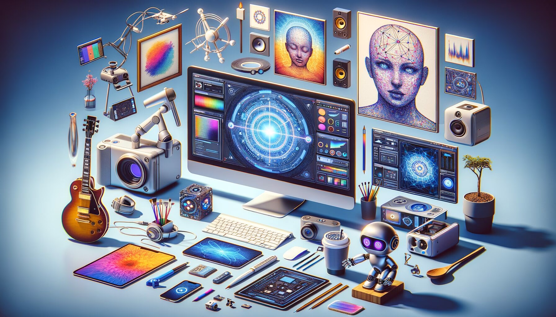 KDB Tech-Update 202404160501 Technologie-Desktop mit Monitoren, KI- und Grafik-Software, Kamera, Drohne, Robotik- und Audio-Geräten sowie medizinischem KI-Interface visualisiert.
