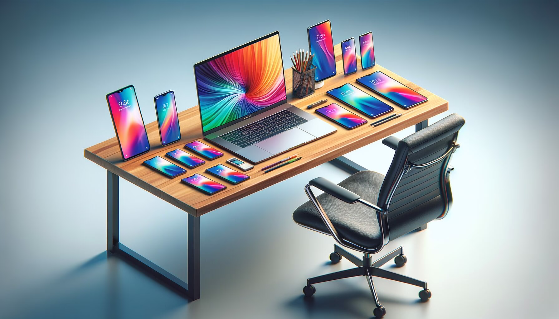 KDB Tech-Update 202404161503 Modernes Schreibtisch-Setup: offene Laptopansicht, mehrere Smartphones mit Display, Stifte im Halter, Büroreststuhl davor.