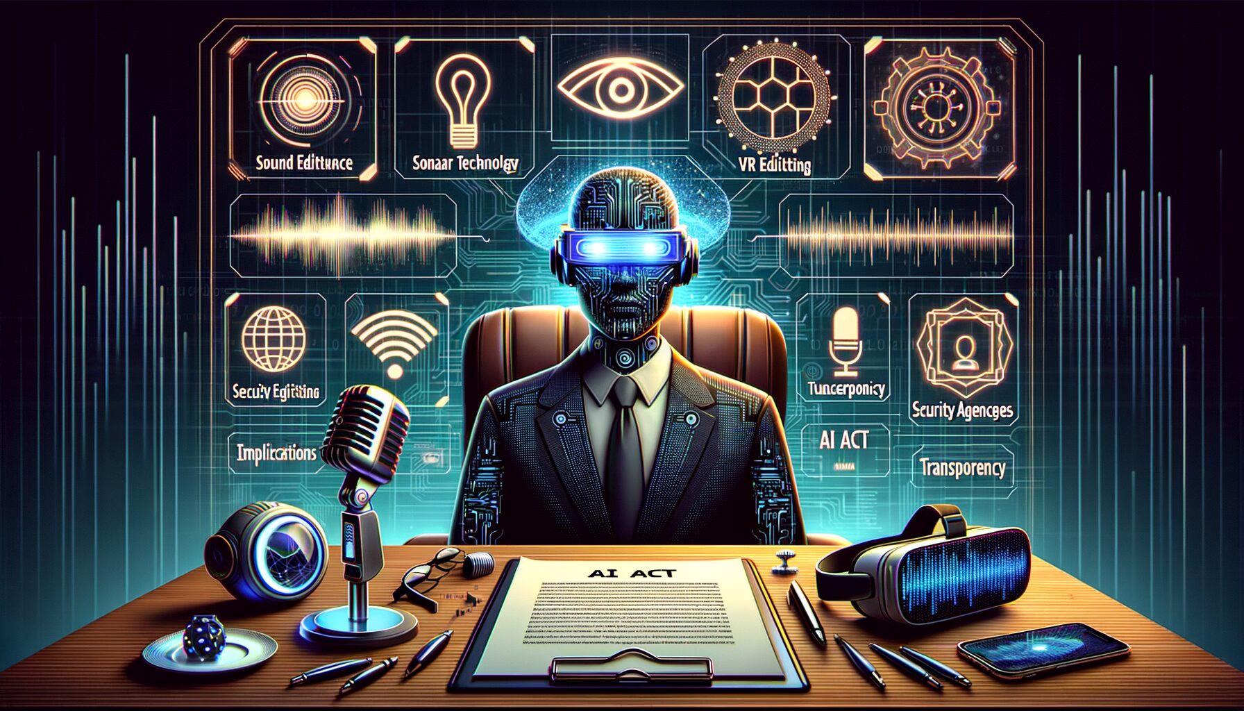 KDB Tech-Update 202404170505 Zukunfts-Desk mit KI-Interface, VR-Headset und Dokument „AI Act“; Sensor- und Sicherheitsgrafiken zeigen Klang, Gesichtserkennung und Datenanalyse.