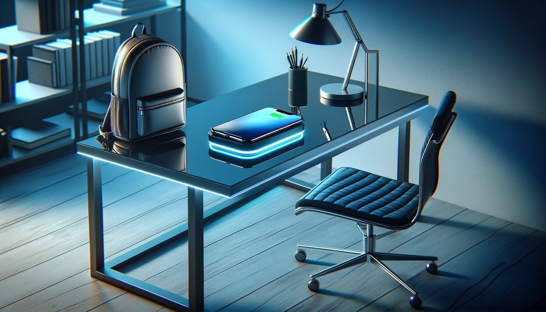 KDB Tech-Update 202404180503 Moderner Glasschreibtisch mit Smartphone auf beleuchtetem Wireless-Ladepad, daneben Rucksack und Stuhl; zeigt effizientes Laden im Arbeitsbereich.