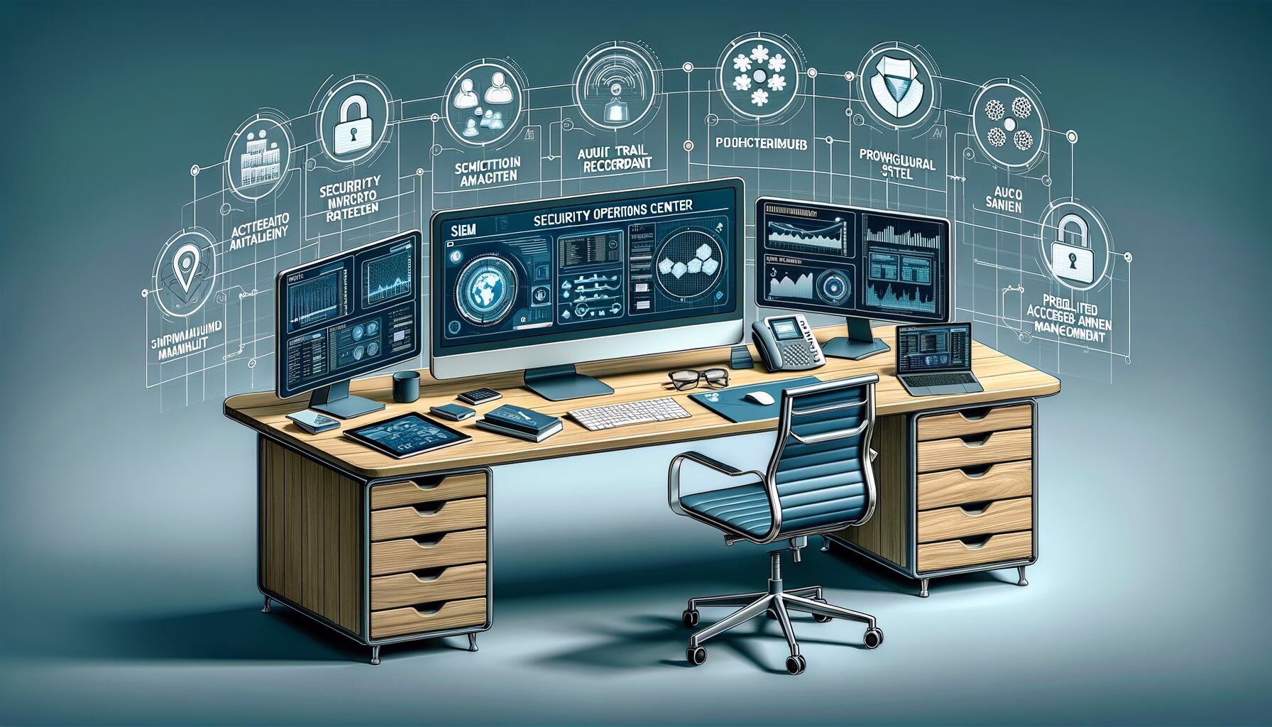 KDB Tech-Update 202404181503 Moderner Schreibtisch mit Monitoren und Panels: SIEM-Alerts, Audit-Trail-Übersicht, SOC-Modell sowie PAM-Anzeige zur Sicherheitsüberwachung.