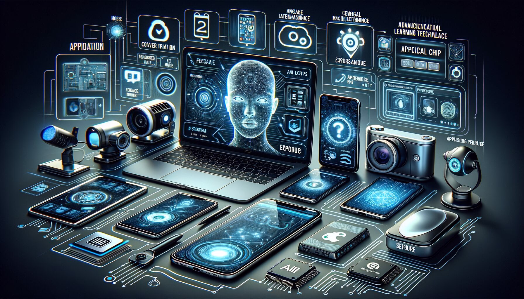 KDB Tech-Update 202404190508 Zentraler Laptop mit KI-Gesichtssymbol, umgeben von Smartphones, Webcam, Kamera und Chips; vernetztes Dashboard für Automatisierung und Kommunikation.