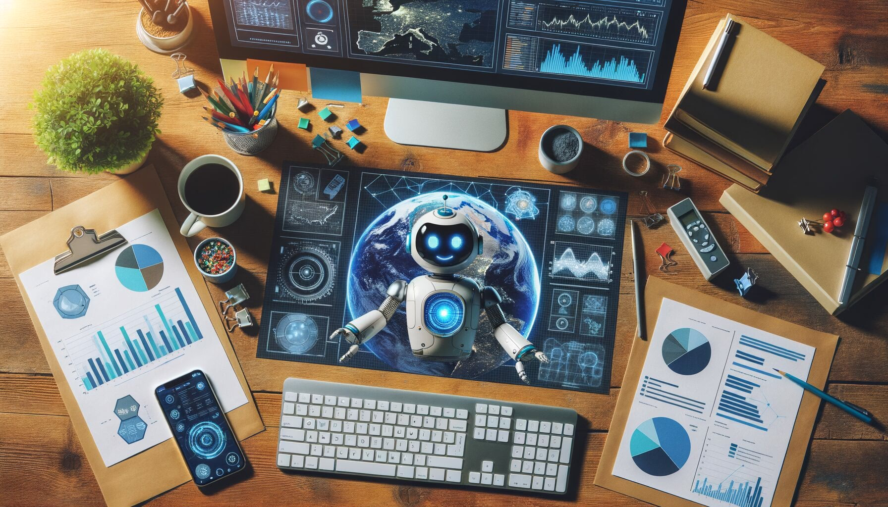 KDB Tech-Update 202404191509 Schreibtisch-Setup: Monitor mit Satellitenbild, Diagrammen und aktiver Chatbot-Ansicht; Roboter auf Daten-Overlay, um Analyse und Kommunikation darzustellen.