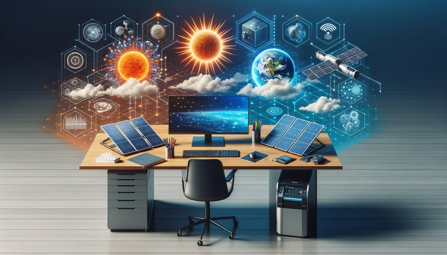 KDB Tech-Update 202404200501 Technologie-Desk mit Monitor, Solarpanels und Netzwerkgrafiken zu Sonne, KI, Rechenleistung und Klimaschutz per Satellitendaten.