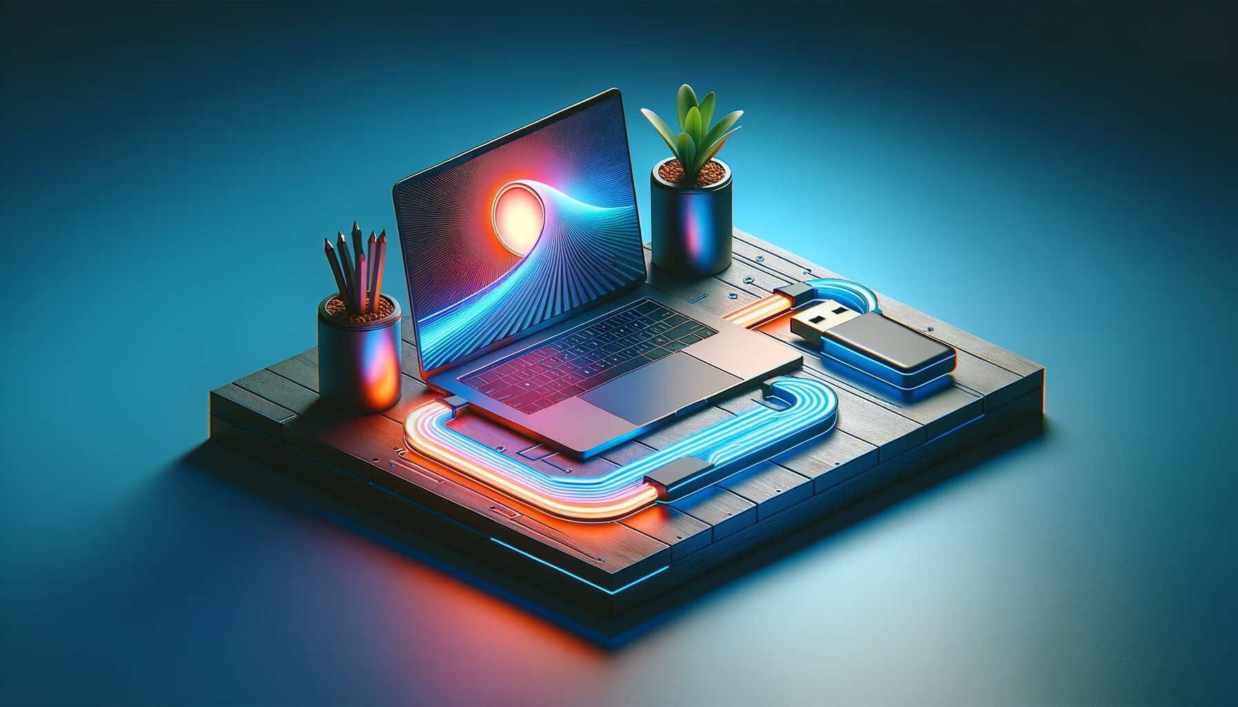 KDB Tech-Update 202404210503 Modernes Desk-Setup: geöffnetes Laptop mit farbigem Display, angeschlossener USB-Stick, Kabel liegen geordnet auf der Oberfläche.