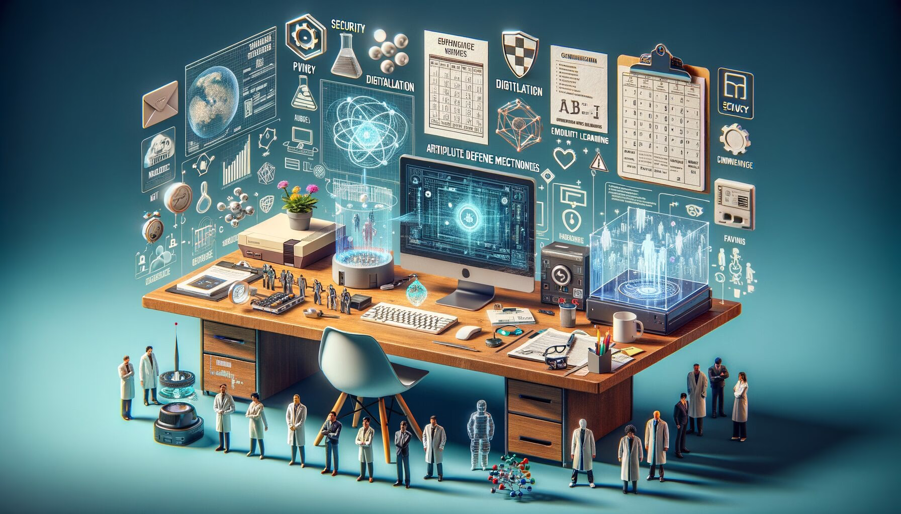 KDB Tech-Update 202404211504 Innovativer IT-Schreibtisch mit Monitoren, Symbolen für Sicherheit, Datenschutz, KI und Zugänglichkeit; daneben Workshop-Zeitplan und Cyber-Reports.
