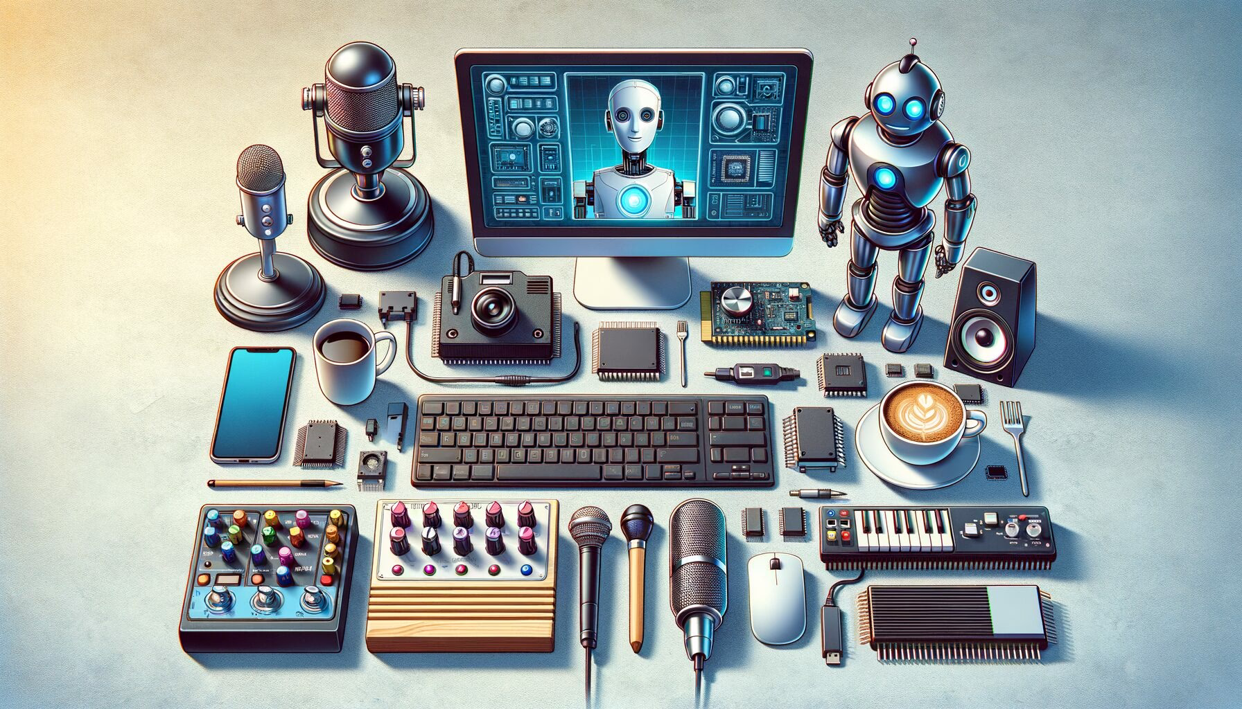 KDB Tech-Update 202404220507 Organisierter Technik-Schreibtisch mit Computerbildschirm, Chatbot-Interface, Robot, Mikrofonen, Tastatur, Chipsets und Kaffee – für moderne Kommunikation und Entwicklung.