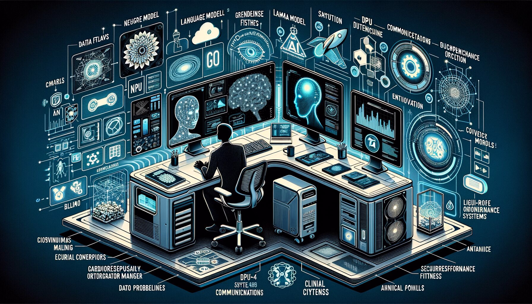 KDB Tech-Update 202404221507 Zentraler Arbeitsplatz mit mehreren KI-Bildschirmen, GPU-Servern, Datenflüssen in der Cloud, Automatisierung und Sicherheits-Symbolen; kleine Gesundheits-/Augen-Szenen.