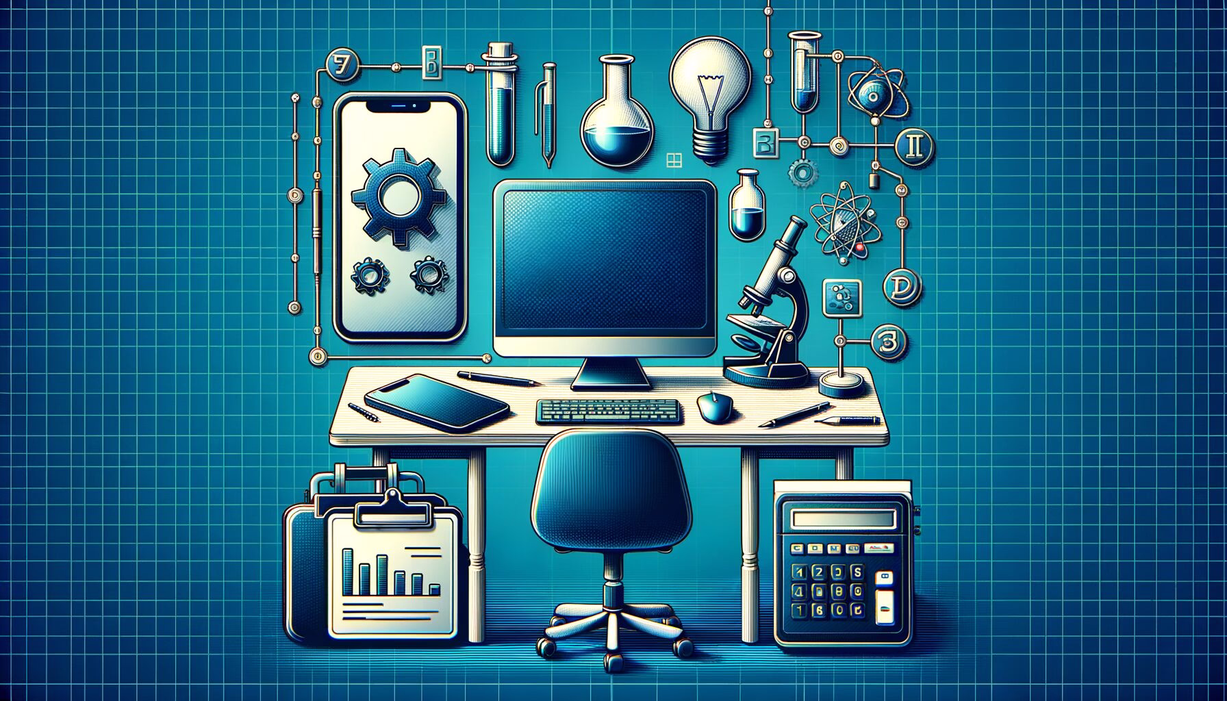 KDB Tech-Update 202404230504 Arbeitsplatz mit Computer, Smartphone und Notebook auf Schreibtisch; Labor- und IT-Symbole umgeben die Forschungstechnologie visualisieren.