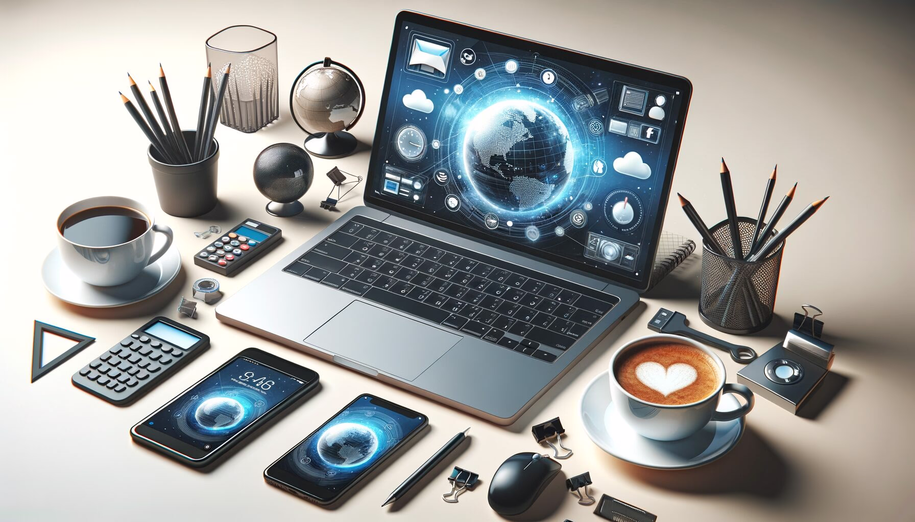 KDB Tech-Update 202404240508 Schreibtisch-Setup mit geöffnetem Laptop, Browser-Anzeige, Smartphone, Kaffeetasse und Globen-Modell zur Visualisierung von Technik und Online-Info.
