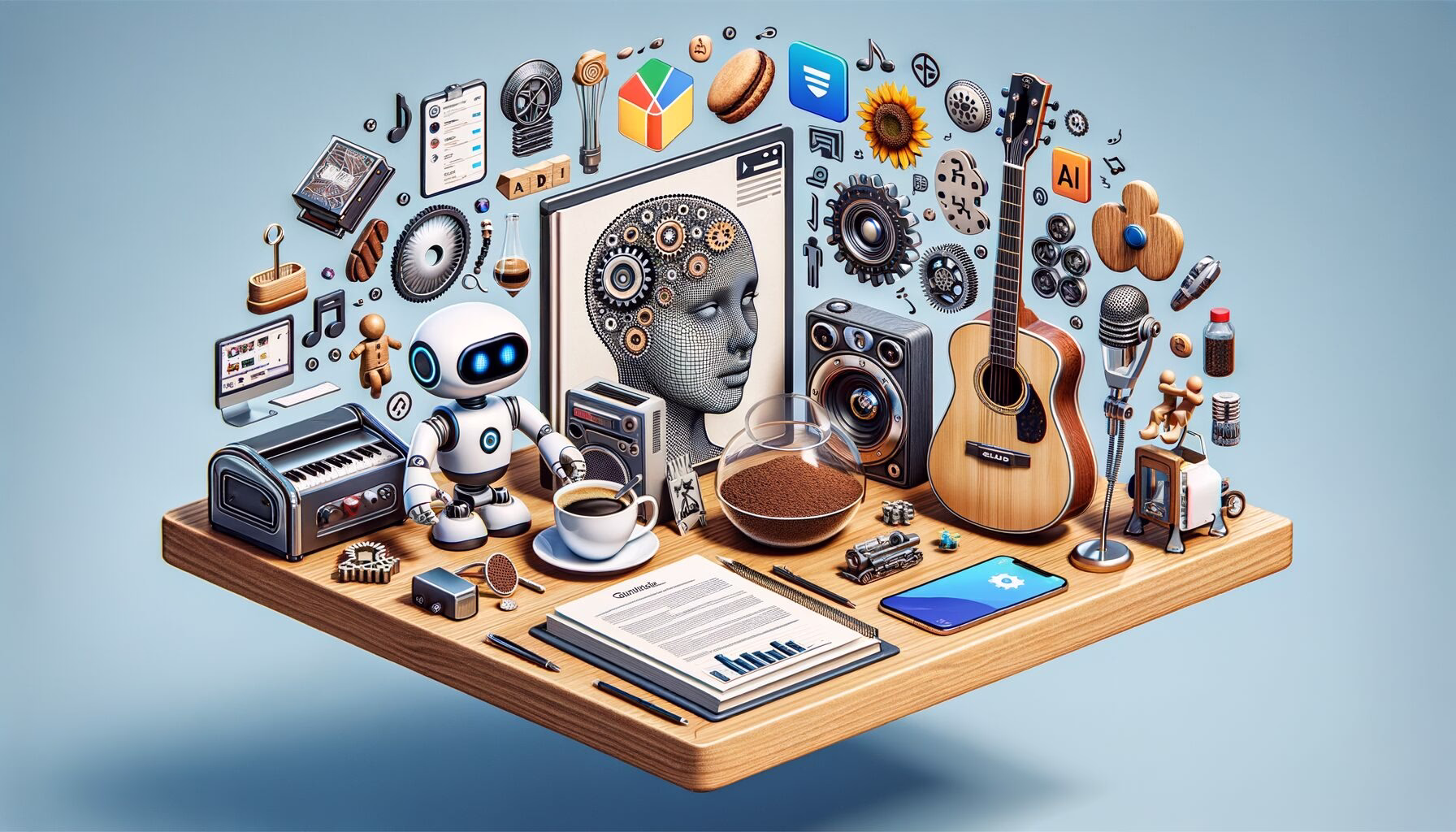 KDB Tech-Update 202404241507 KI-Themen auf einem Schreibtisch: humanoider Roboter, Smart-Chat-Symbol, medizinische Diagnosegrafik, Kaffee, Instrument und Sprach-/Visions-Elemente, Zweck: Update/Innovation.