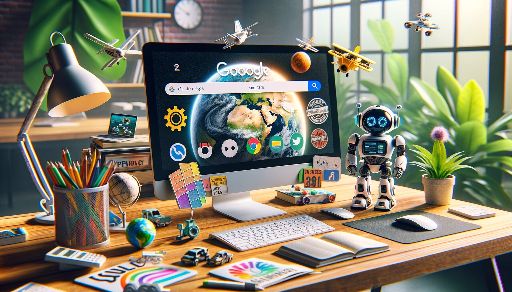 KDB Tech-Update 202404250503 Arbeitsplatz mit Monitor, der Umweltvideo zeigt; daneben Roboter, Flugzeug- und Geo-Elemente sowie Pflanzen zur Symbolisierung nachhaltiger Technologie.