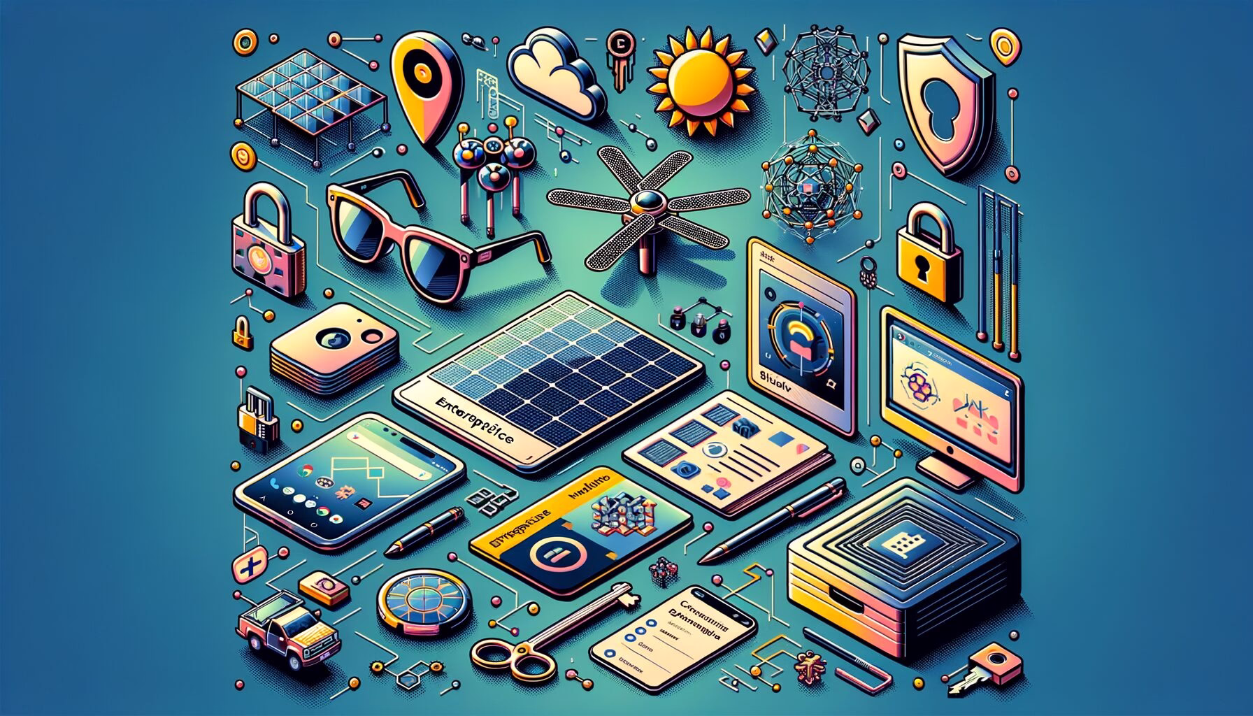 KDB Tech-Update 202404251503 Illustration: Laptop- und Geräte-Cluster mit Sonne, Drohne, Verschlüsselungsschlössern und Chiffren—symbolisiert sichere, KI-gestützte Tech-Updates.