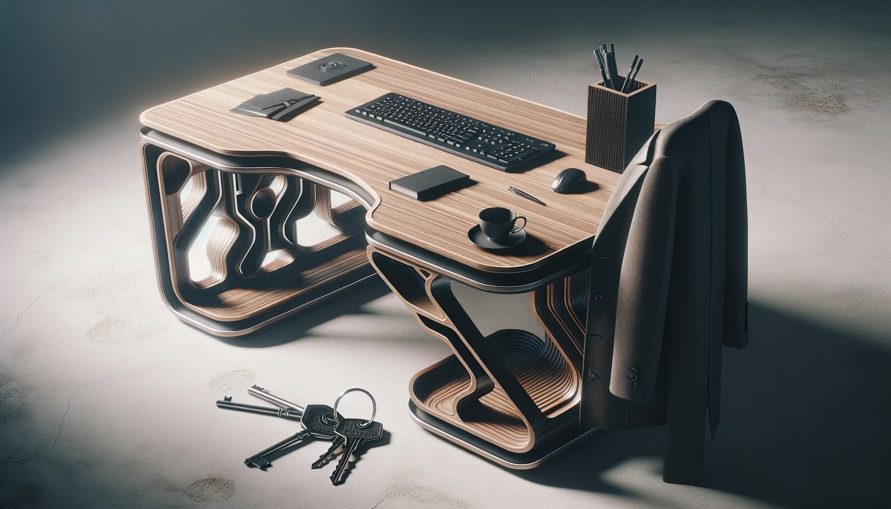 KDB Tech-Update 202404271505 Futuristische Holz-Schreibtischfläche mit Tastatur, Laptop-Fach, Staueinsatz, Schlüsselbund und Tasse; ergonomische Metallkanten für aufgeräumtes Arbeiten.