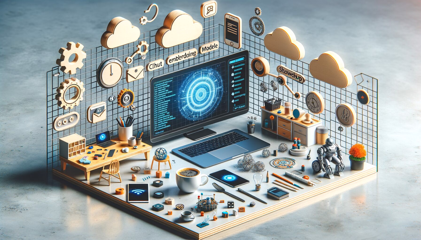 KDB Tech-Update 202404280502 Innovatives Tech-Arbeitssetup mit Laptop, Cloud-Symbolen, Chatfenstern, Robotik-Teilen, Daten-Visualisierung und Modell-Elementen auf einem Schreibtisch.