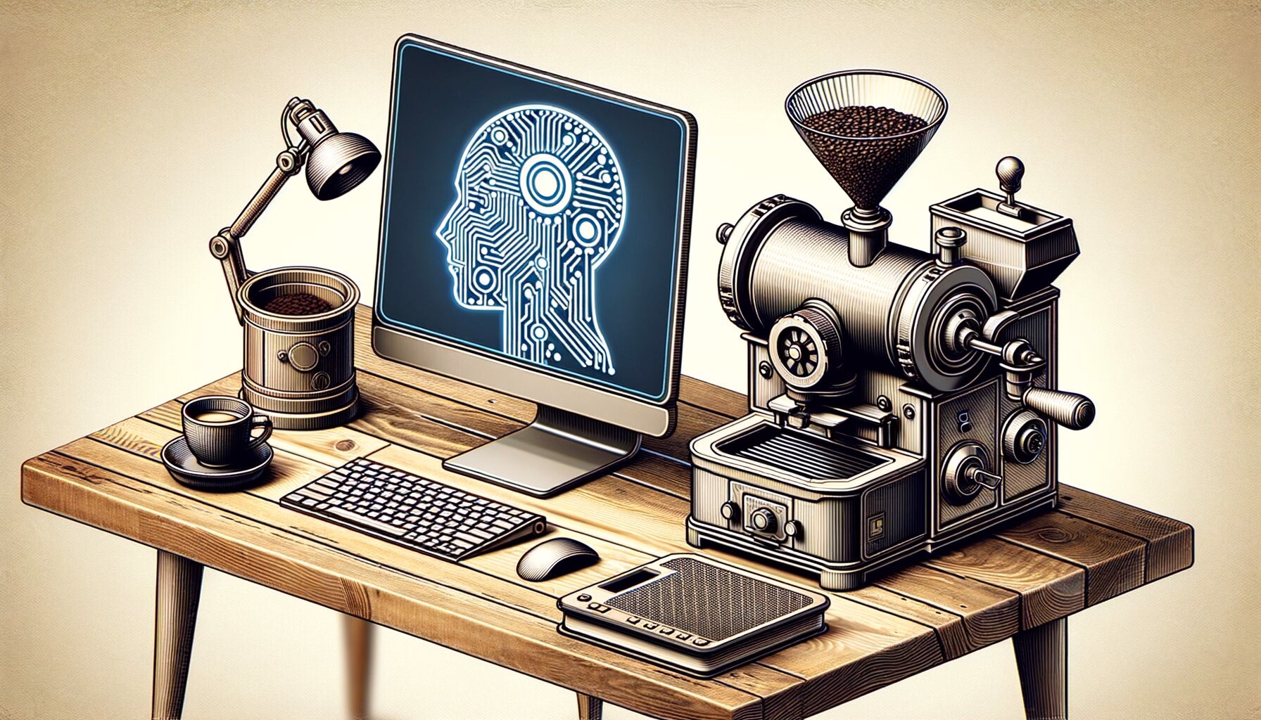 KDB Tech-Update 202404281501 Schreibtisch mit Laptop und KI-Grafik, daneben Kaffeemaschine zum Rösten sowie Filterkanne und Kaffeetasse, ordentlich angeordnet.