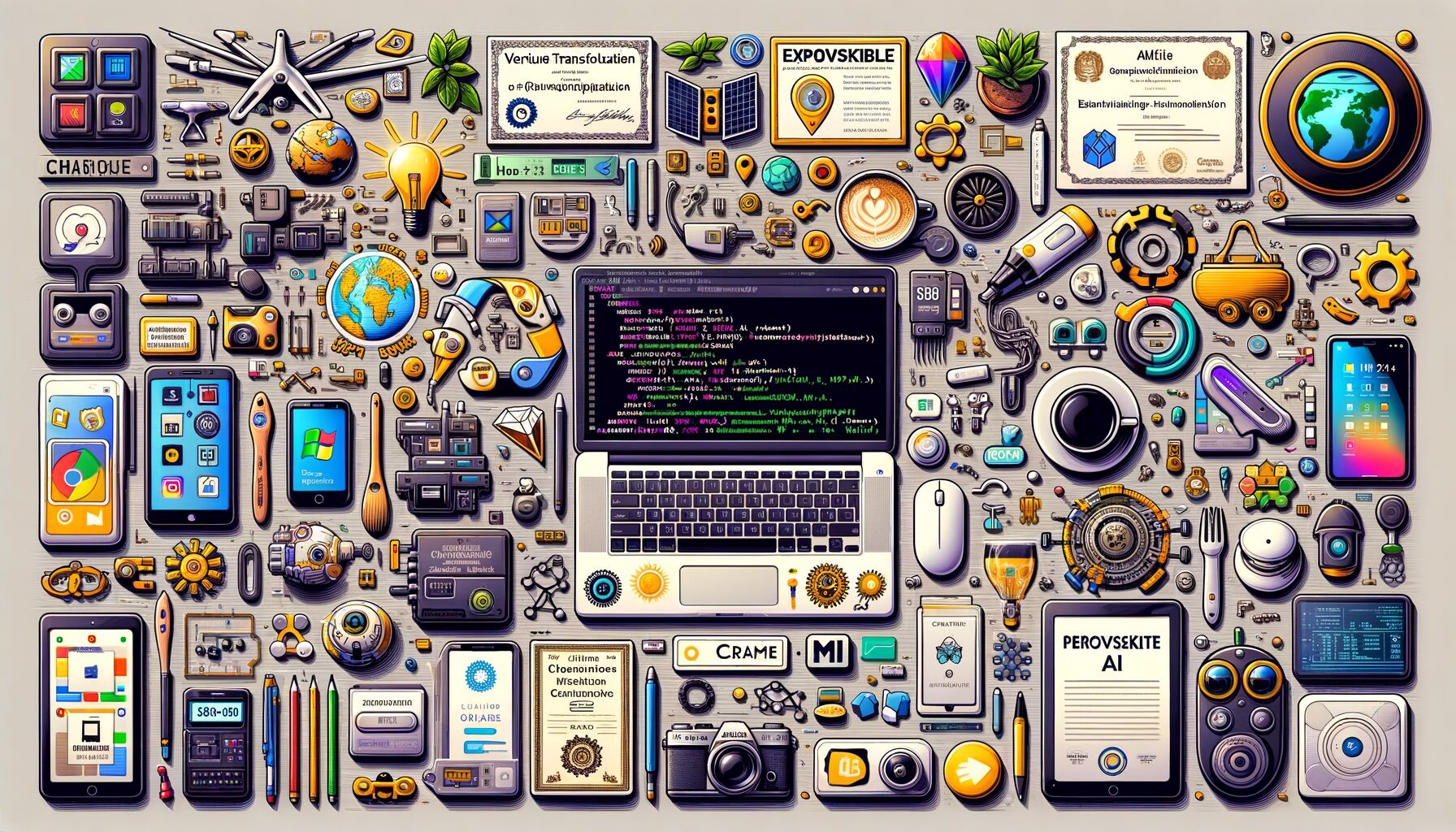 KDB Tech-Update 202404290508 Übersichtlicher Tech-Arbeitsbereich mit Laptop, Code- und KI-Symbolen, Browser- und Chatbot-Icons, Robotik-Elementen, Perowskit-Label und Weltkarte.