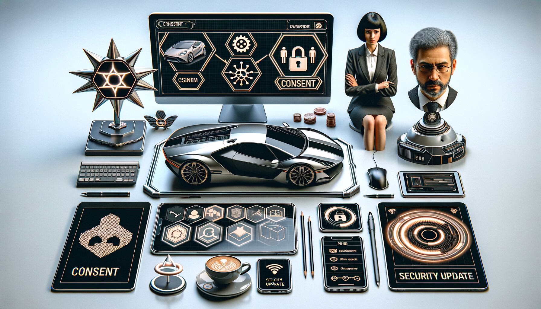 KDB Tech-Update 202404291503 Technik-Desktop mit Touch-„Consent“-Symbolen, Sicherheits-Update- und Phishing-Fisch-Icons, Modellauto und Pulsanzeige zur Veranschaulichung von Cybersecurity.