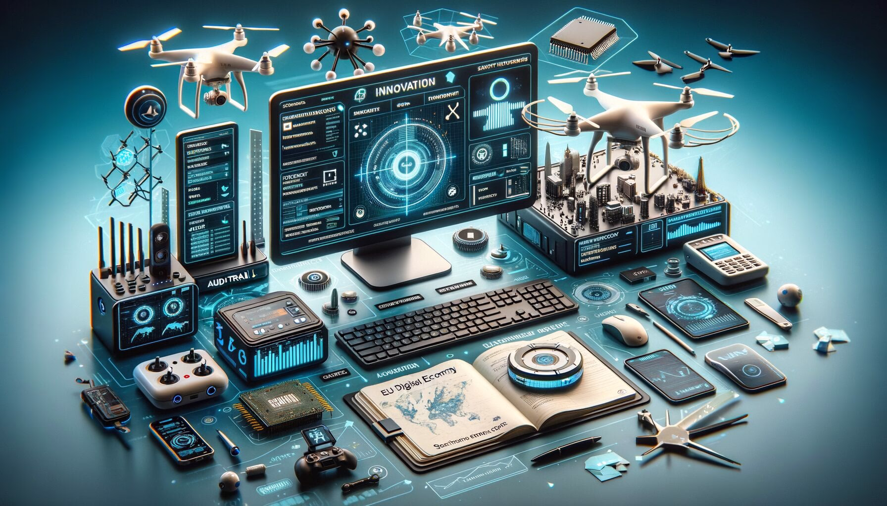 KDB Tech-Update 202404301507 Desktop mit Sicherheits- und Audit-Visualisierungen, SOC-Panel und KI-Dialog, daneben Drohnen, Chips, EU-Digitalroadmap und Medieninterface für Cyber- und Health-Tools.