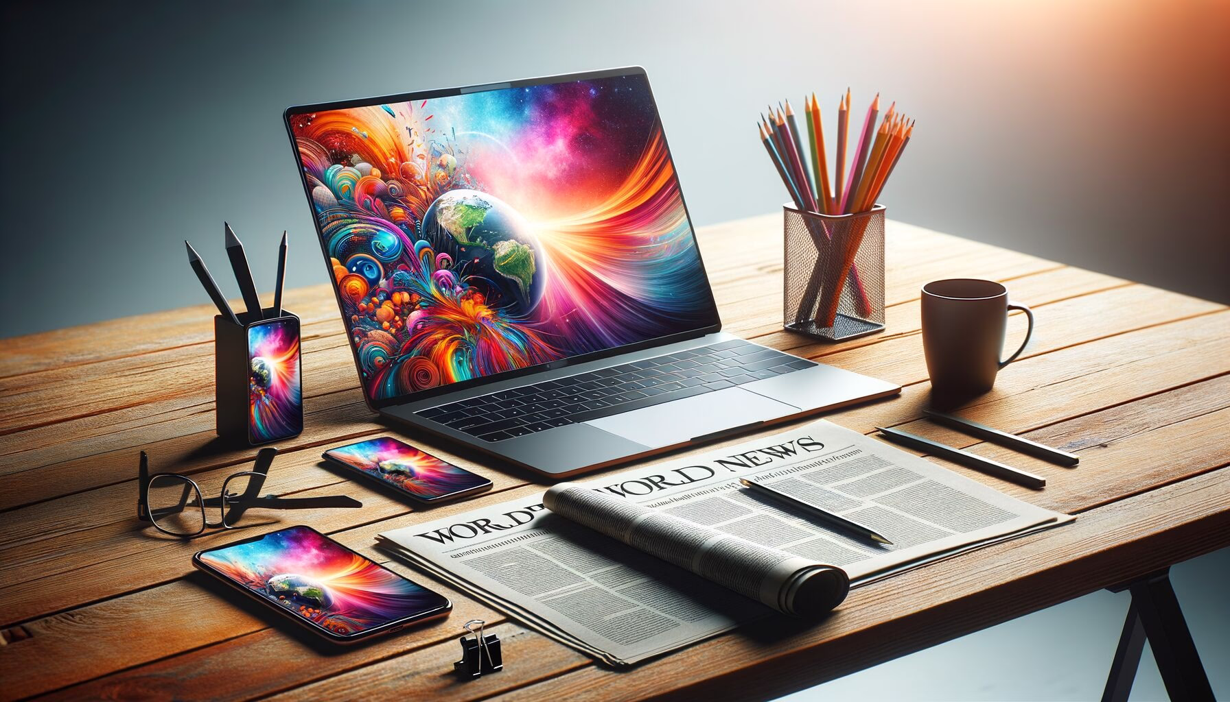 KDB Tech-Update 202405010501 Holzschreibtisch mit geöffnetem Laptop, Smartphone und Weltzeitungsseiten; daneben Stifte und Kaffeetasse als Arbeitsumgebung für Updates und Recherche.