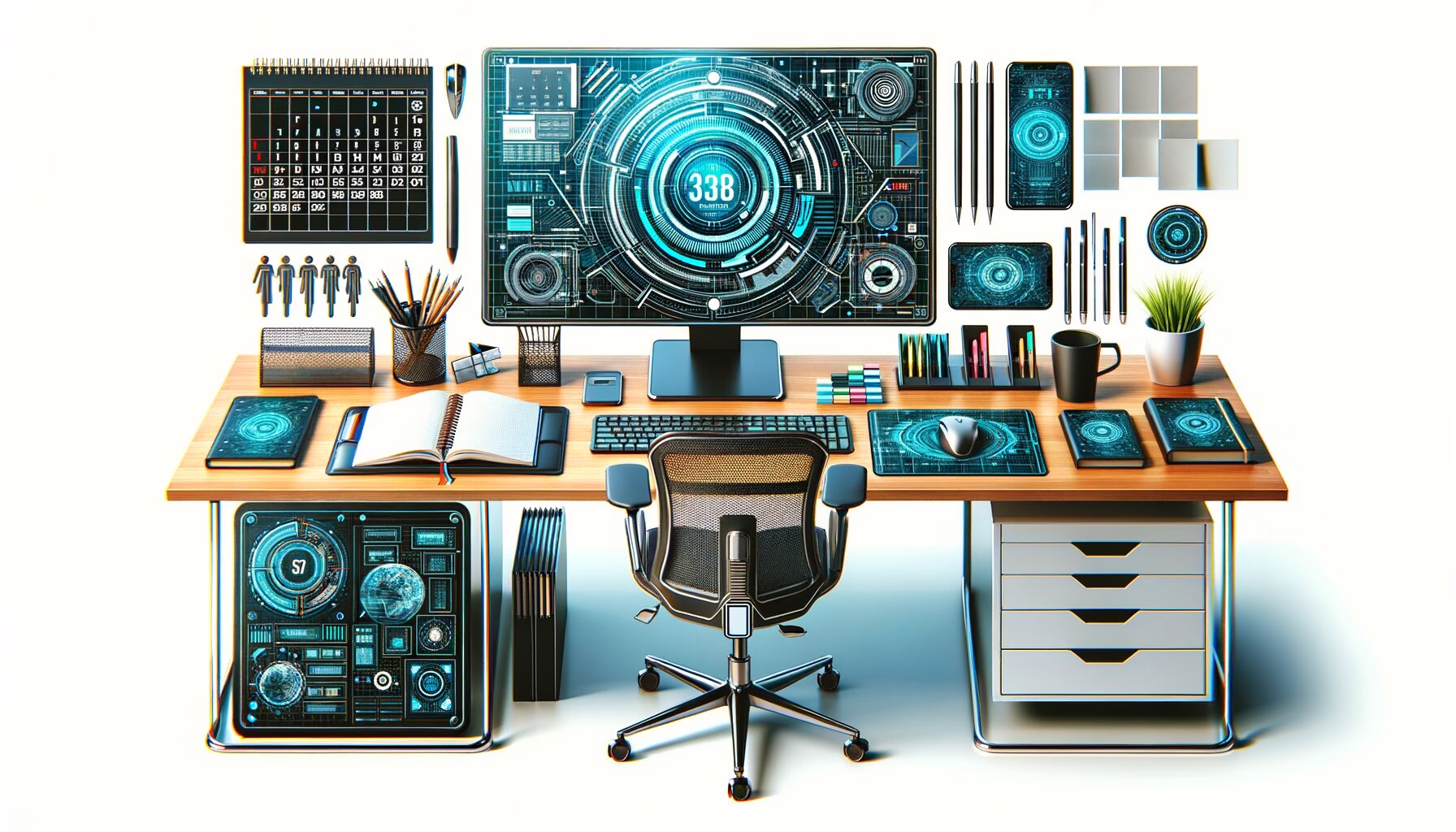 KDB Tech-Update 202405011505 Zukunftsreicher Schreibtisch mit Monitor, Notizbuch, Kalender, Telefonen, Stiften und Stuhl; visuelle Darstellung eines modernen Arbeits-Setups.