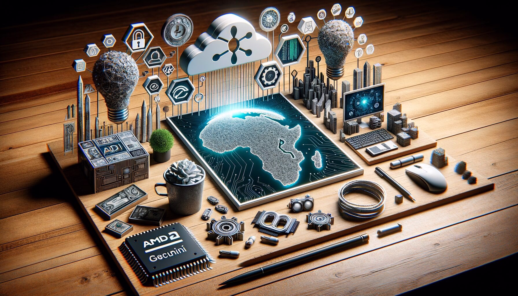 KDB Tech-Update 202405020506 Technik-Desk-Visual: KI-Cloud, verschlüsselte Symbole für Passwörter, FIDO2-Key, Mikrochip-Elemente, CO₂-Referenz und digitale Partnerschaft.