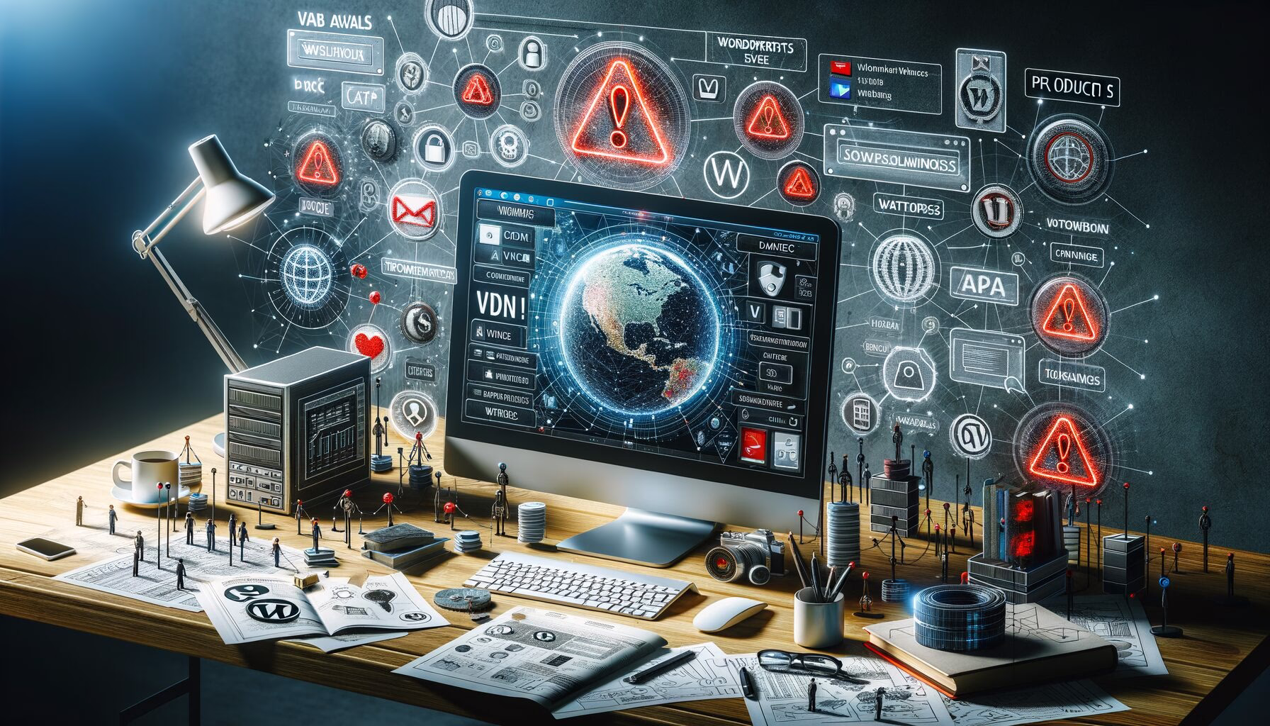 KDB Tech-Update 202405021506 Digitaler Arbeitsplatz: Laptop mit globaler Karte, rote Warnsymbole und Firewall-Icons, umgeben von Netzwerk-, KI- und E-Mail-Visualisierungen sowie Servern.