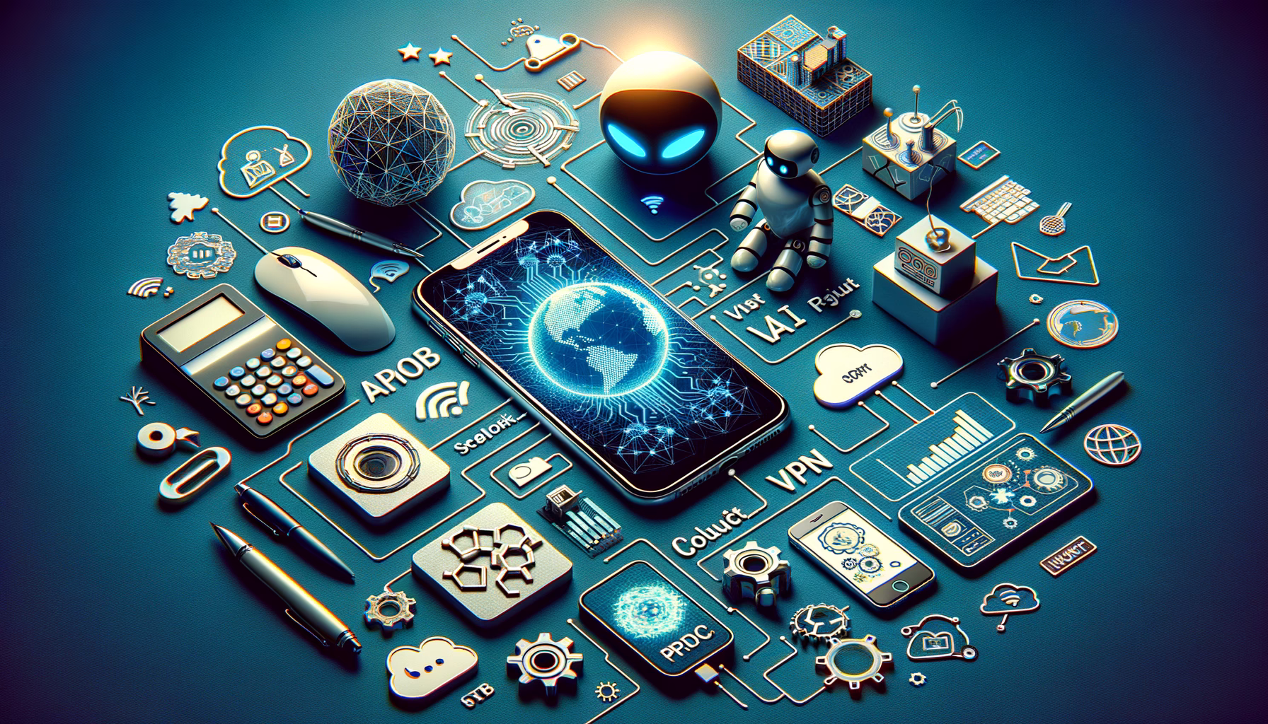 KDB Tech-Update 202405030505 Technologie-Collage mit Smartphone, KI-Algorithmus-Visualisierung, Roboter und Chat-Symbolen, VPN- und Cloud-Metaphern sowie Schutz- und Angriffselementen.