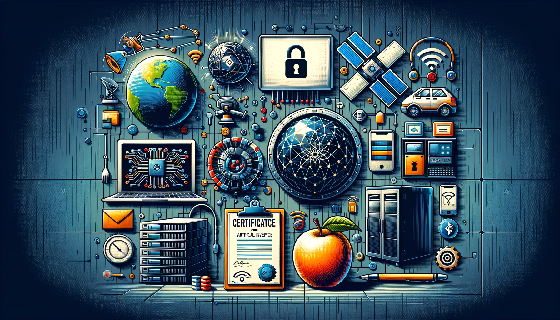 KDB Tech-Update 202405040504 Technik-Collage mit Servern, KI- und Sicherheits-Symbolen, abstraktem Angriff, Satellit, Bluetooth- und Hardware-Elementen, Zertifikat und Frucht.