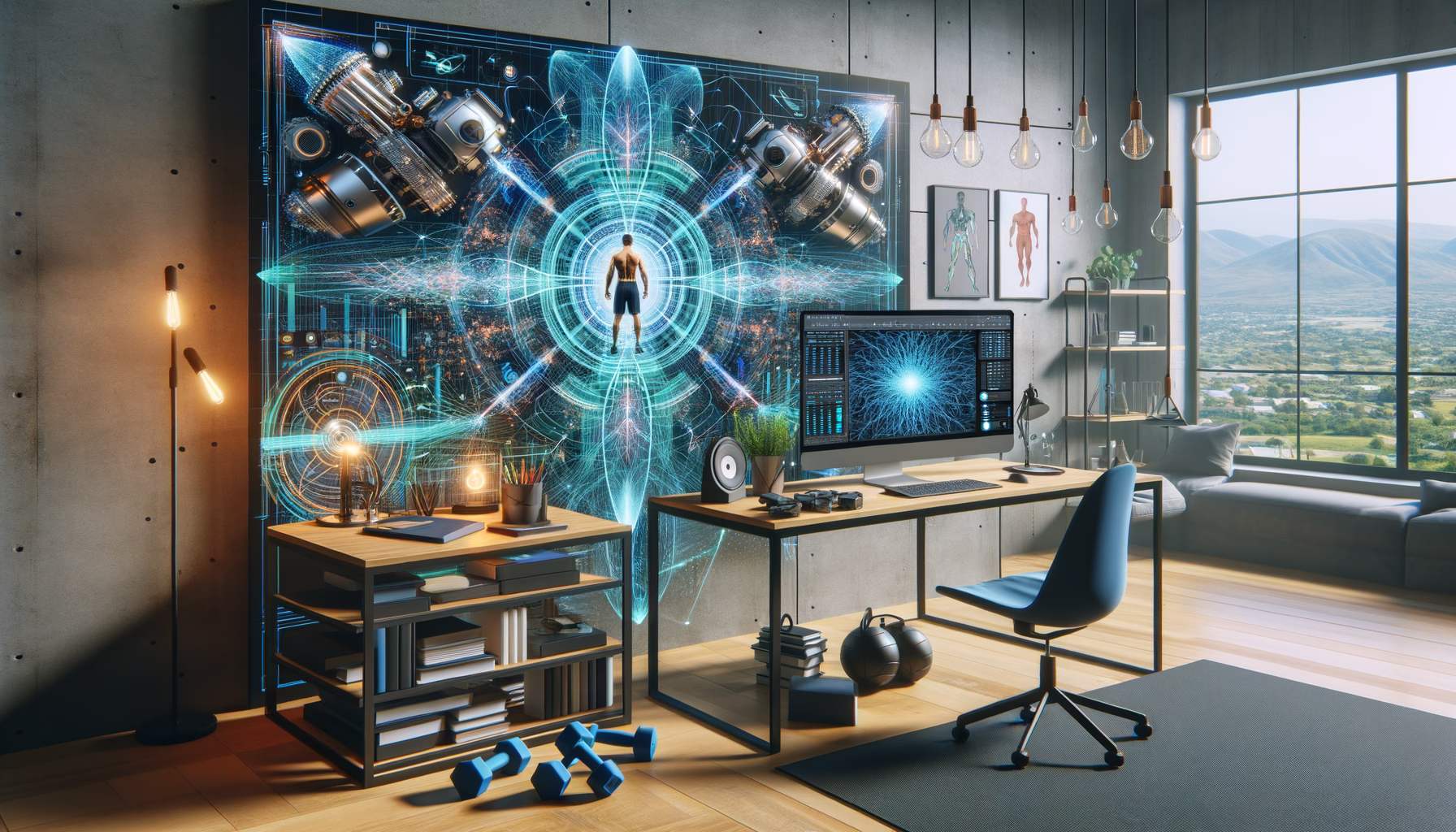 KDB Tech-Update 202405050505 Modernes Büro mit Schreibtisch-PC, leuchtender Daten-/Technik-Visualisierung und Fitnessutensilien; symbolisiert KI-gestützte Analyse und gesundes Training.