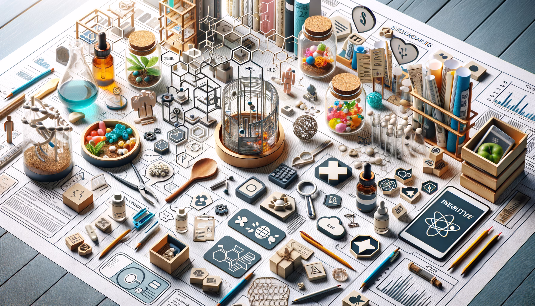 KDB Tech-Update 202405061506 Technisches Arbeitsblatt mit Medizin- und Sicherheits-Icons, Laborflaschen und Rohstoffgläsern, 3D-Modellen, Diagrammen und Cloud-Symbolik auf einem Tisch.