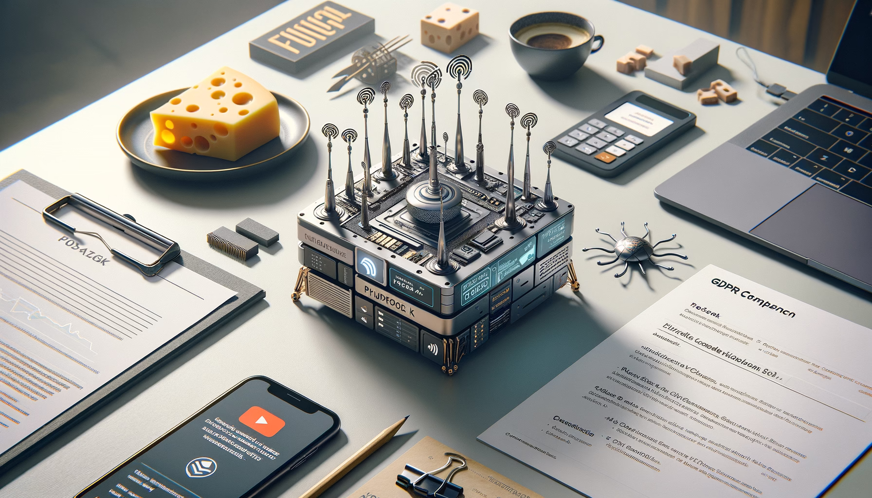 KDB Tech-Update 202405070507 Technisches Setup auf Schreibtisch: Funkchip mit Antennen, Dokumente zu KI und GDPR, Smartphone- und Tablet-Interfaces, modernes Assistenz-Konzept.