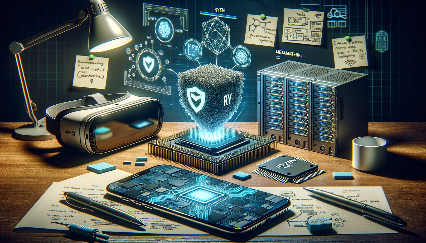 KDB Tech-Update 202405071506 Technik-Workspace: VR-Brille, Smartphone und Chips vor Servern; leuchtendes KI-Symbol mit Schold- und Code-Overlay deutet Schutz, Machine Learning und Entwicklung an.