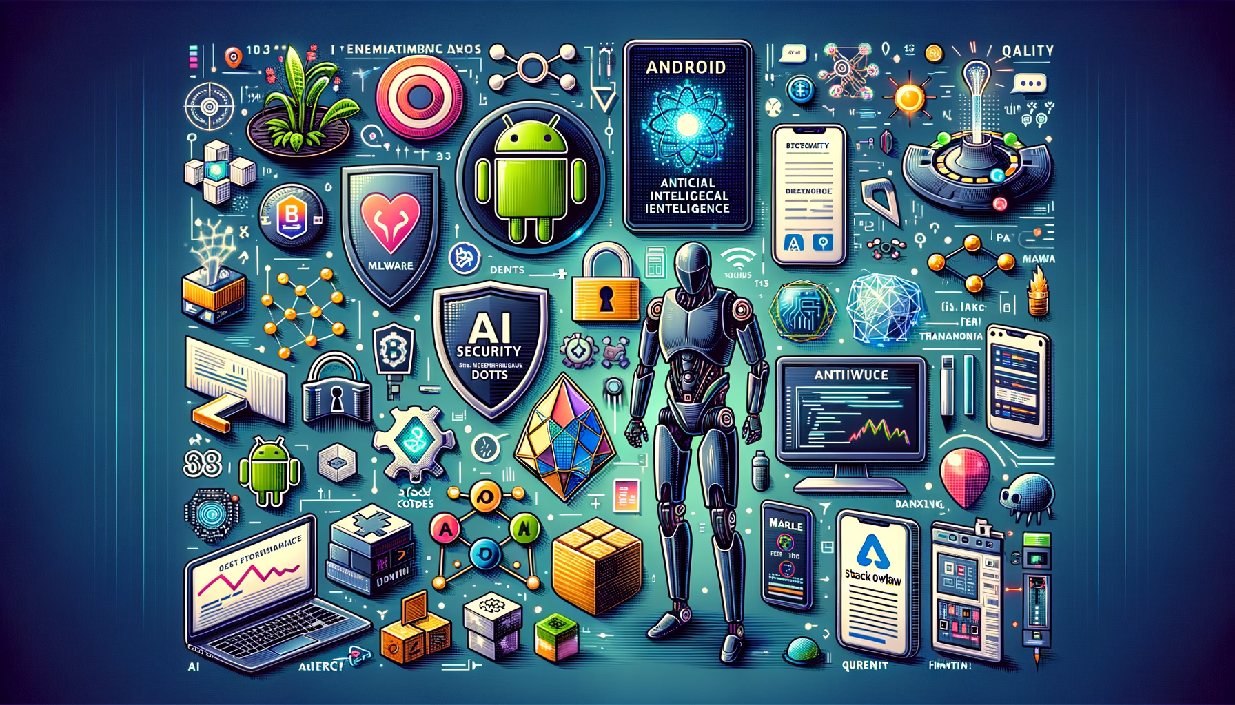 KDB Tech-Update 202405080503 Technologie-Collage mit Android- und KI-Elementen, Sicherheits- und Malware-Symbolen sowie Robotik- und Dashboard-Ansichten zur IT-Absicherung.