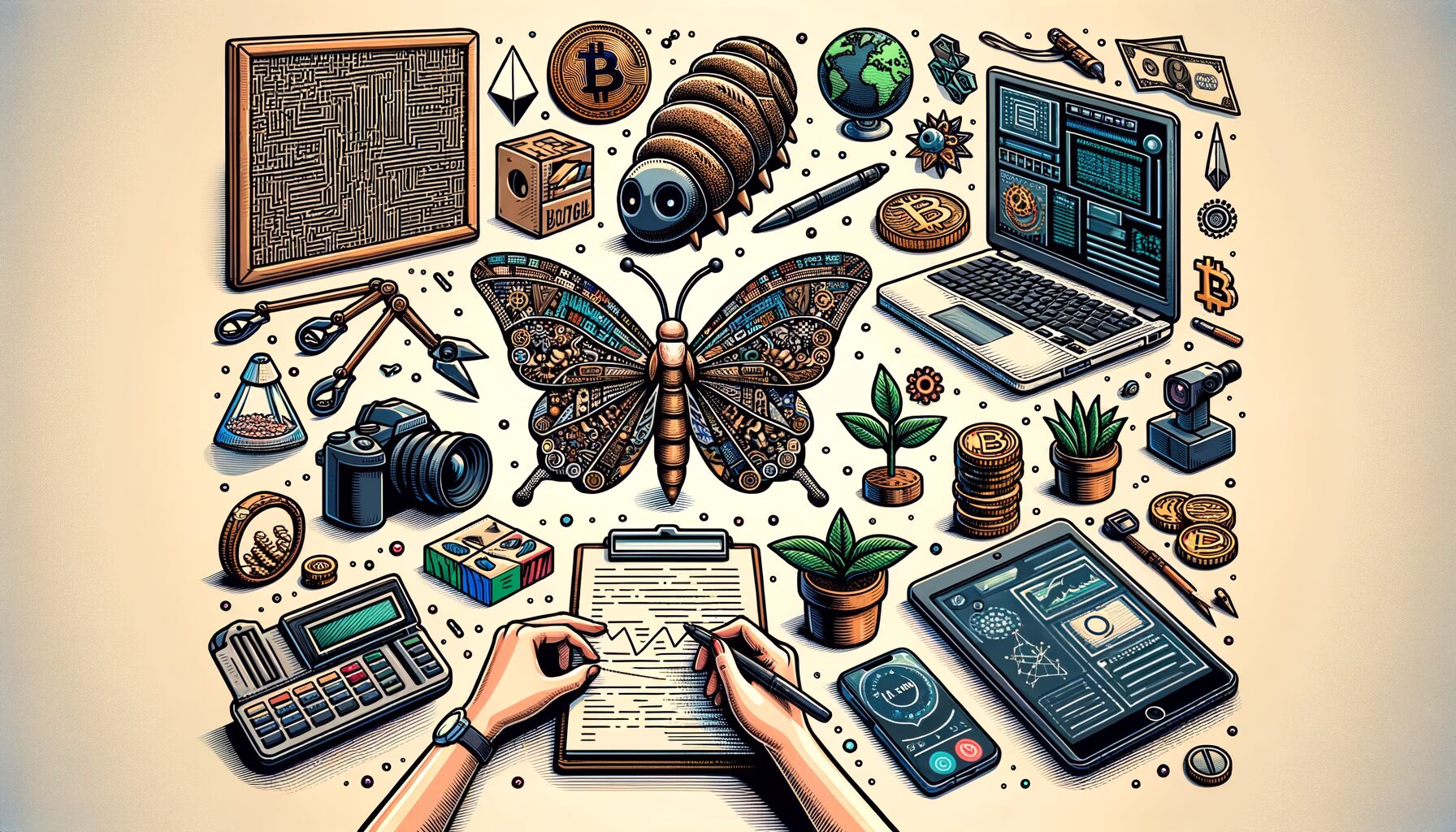 KDB Tech-Update 202405090504 Illustration mit Laptop, Wallets, Symbolen für KI, Robotik und Technik, um ein modernes digitales Update-Thema anschaulich zu machen.